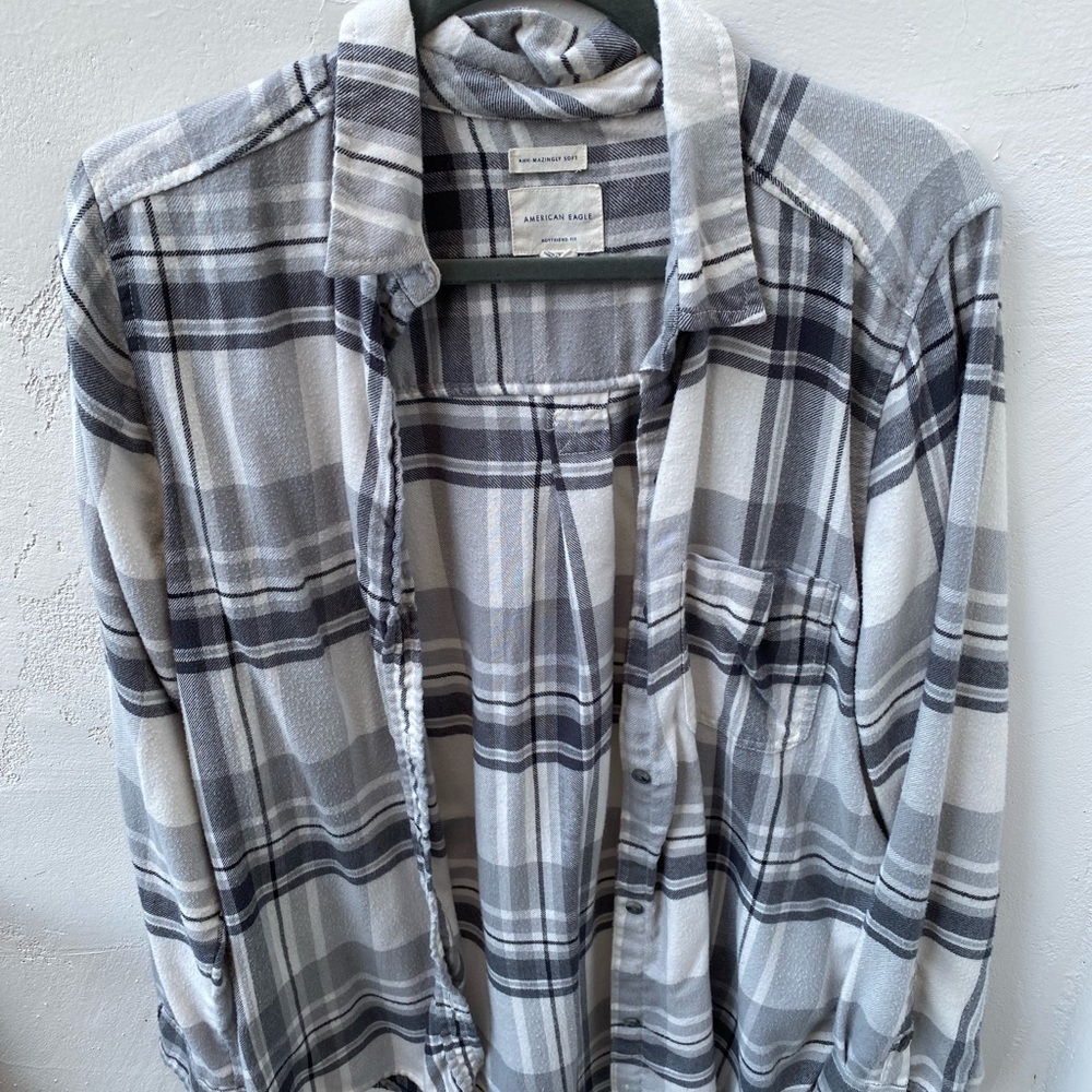 Gray Plaid Boyfriend Fit Flannel - American Eagle